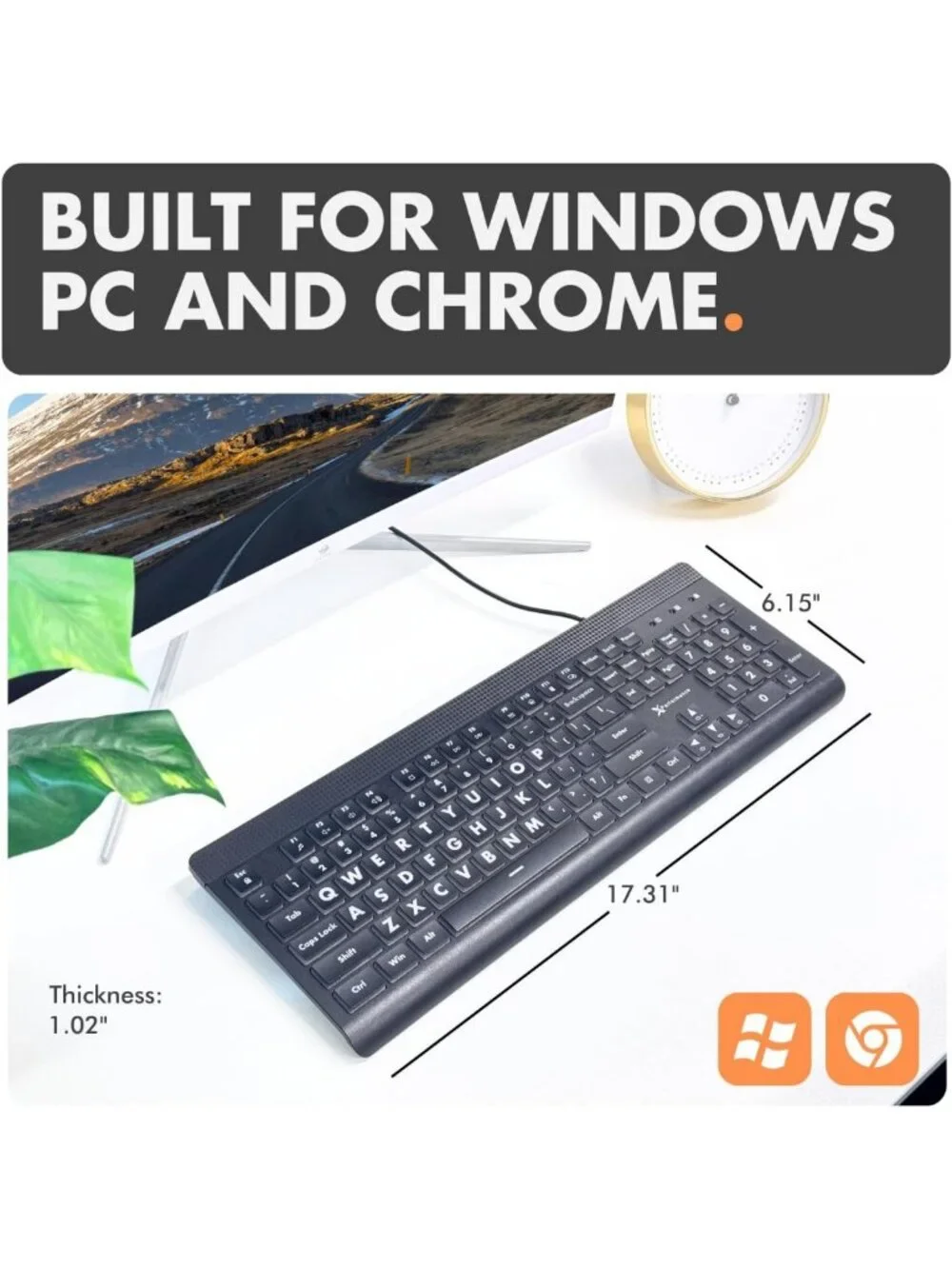Large Print Backlit Keyboard - Easy Read Big Letters, USB Wired, 7-Color LED
